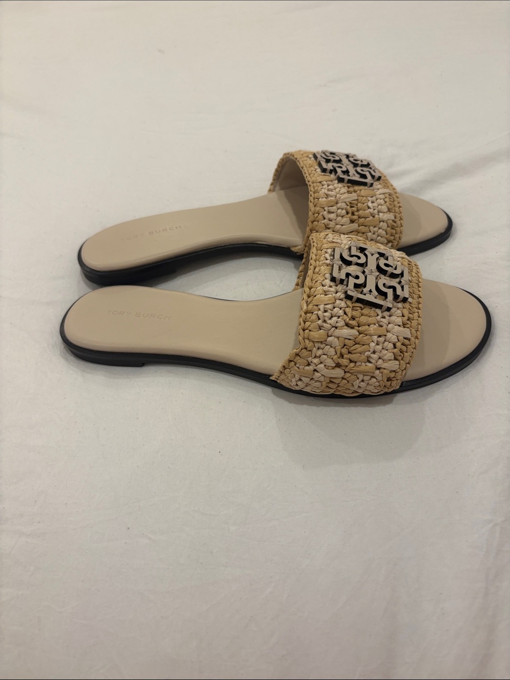 Tory Burch Natural Raffia Logo Slide Sandals - Picture 3 of 4